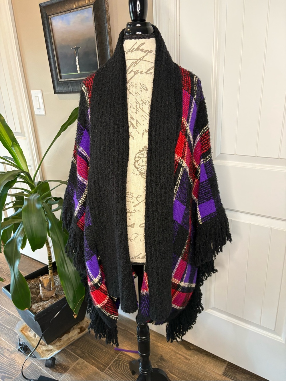 Ralph Lauren Black Shawl Cardigan with Purple and Red Plaid